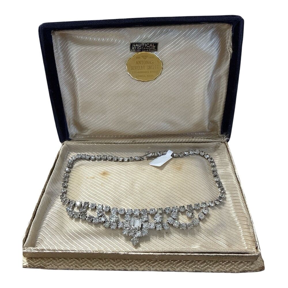 Vintage Art Deco Rhinestone Necklace 1940s Wedding Box 12"